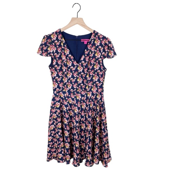 Betsey Johnson Navy Blue Floral Print Chiffon Fit and Flare Dress Women's Size 6 - Picture 14 of 14